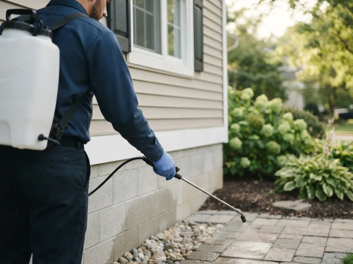 Pest control technician inspecting a home in Blanco, OK